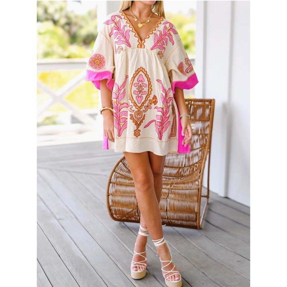 Blue Velvet embroidered Tunic Mini Dress Babydoll Medium Large Pink Boho Beach